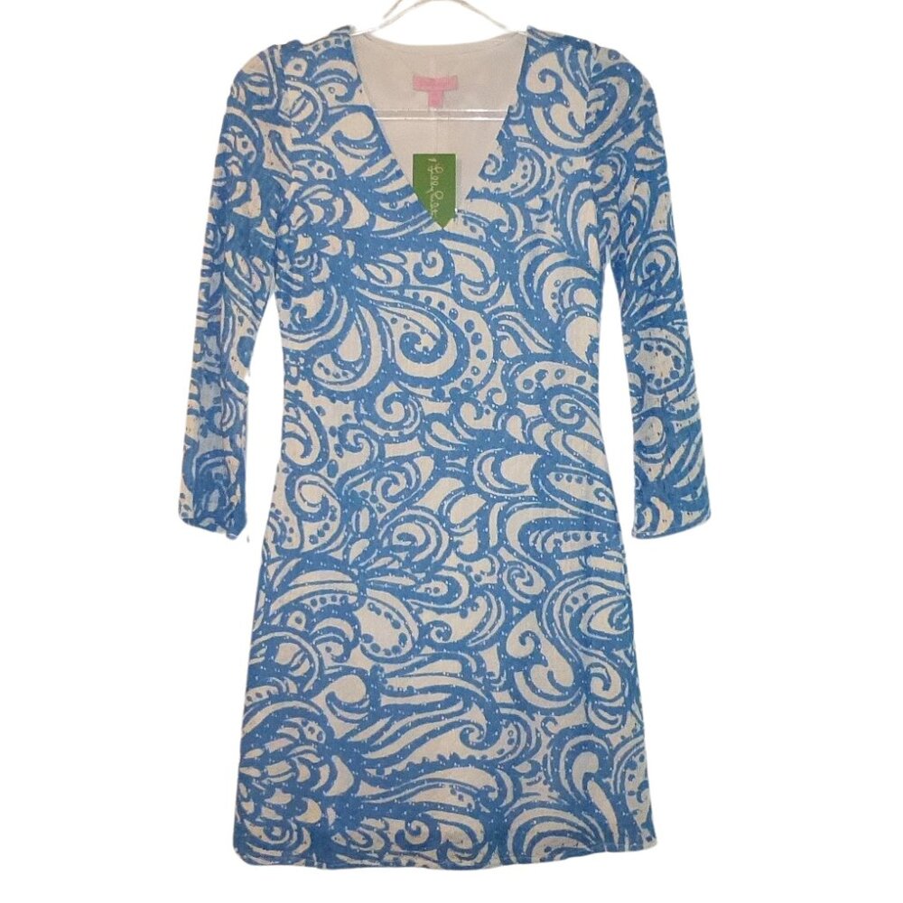 Lilly Pulitzer Jade Dress Resort White Blue Current Affairs Size XS New  NWT